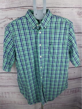 Nautica Men's XL Plaid Button Down Shirt Short Sleeve Green Blue Wrinkle - K5